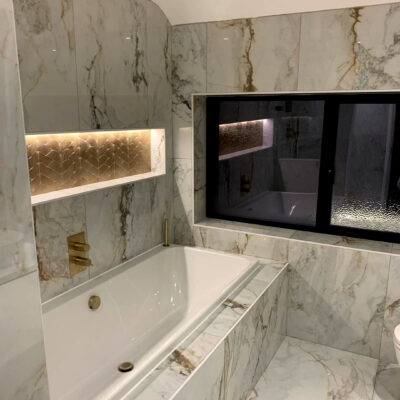 White and Gold Marble Effect Bathroom 60x120cm Tiles - Bathrooms - Blackburn Tile Centre - Best Tiles Manufacturer in U. K.